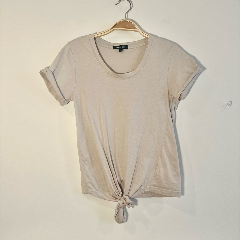LaMarque Womens XS Pullover Tee T Shirt Beige Short Sleeve Scoop Neck Tie Front